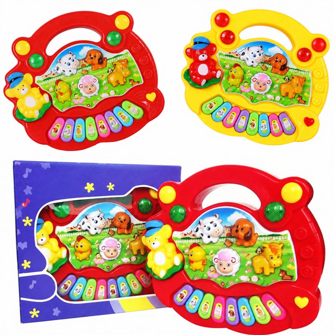 Red and yellow animal toy pianos with a red version displayed beside its box.