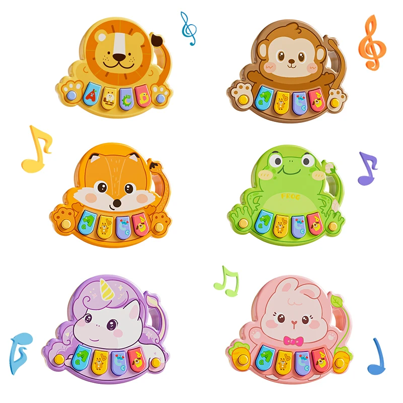 Six animal piano designs: lion, monkey, fox, frog, unicorn, and bunny