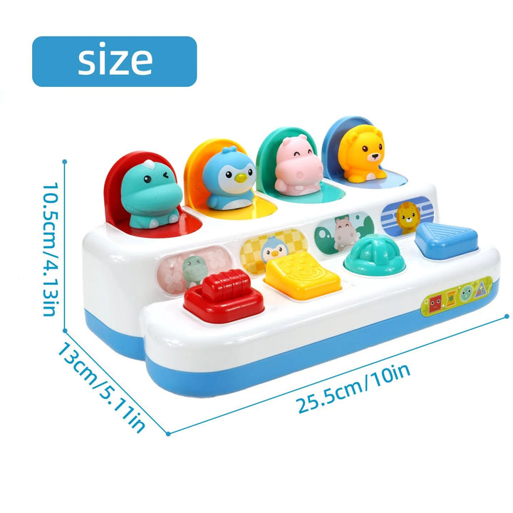 Size diagram of the animal pop-up toy: 25.5 cm wide, 13 cm deep, and 10.5 cm high