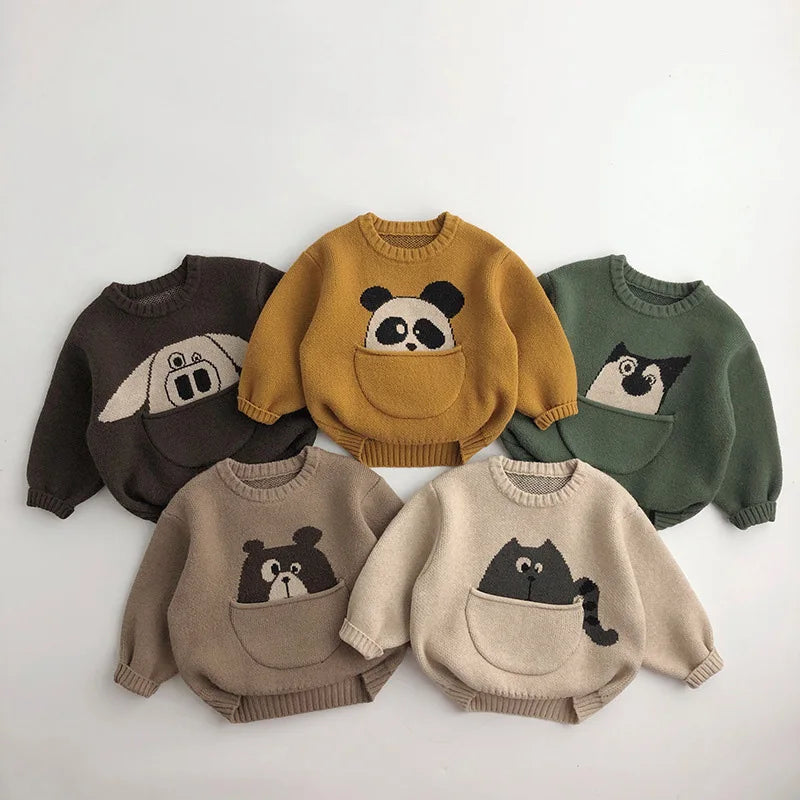 Five children's animal sweaters in brown, yellow, green, khaki, and beige, each with a front pouch