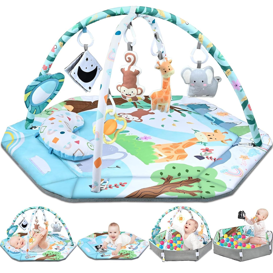 Animal-print baby gym with smaller views of floor play and raised-side ball pit configurations