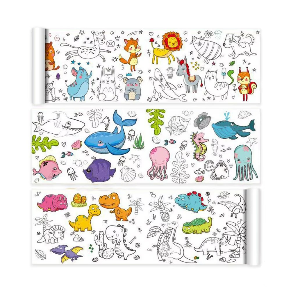 Animal coloring roll with zoo and sea-life patterns, shown partly colored