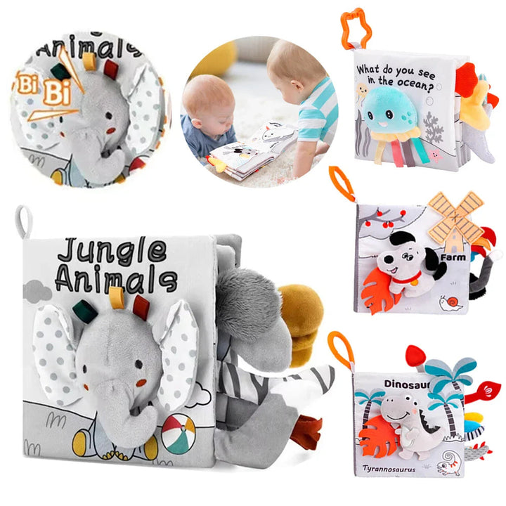Soft animal sensory books with an elephant cover and examples of ocean, farm and dinosaur themes