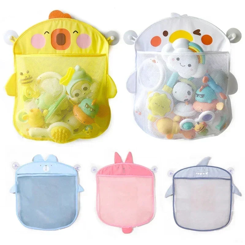 Yellow and white duck bath toy bags above blue, pink and gray animal-shaped mesh organizers