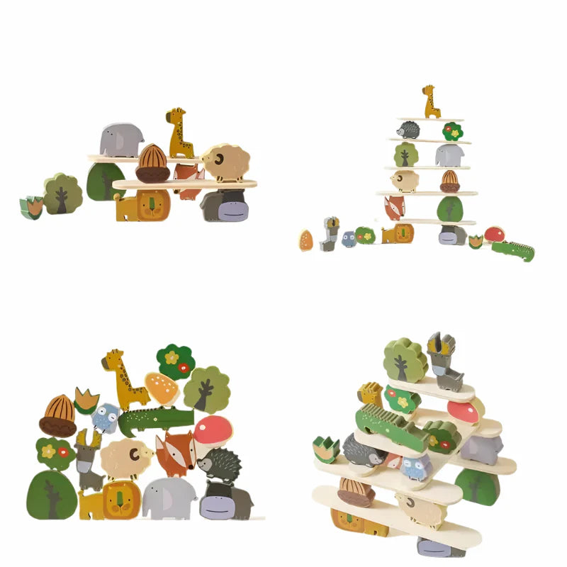 Four different arrangements made with wooden animal blocks and balancing sticks.