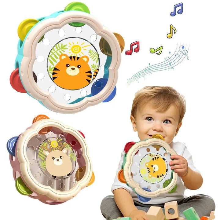 Baby holding a tiger tambourine beside deer and tiger tambourine designs
