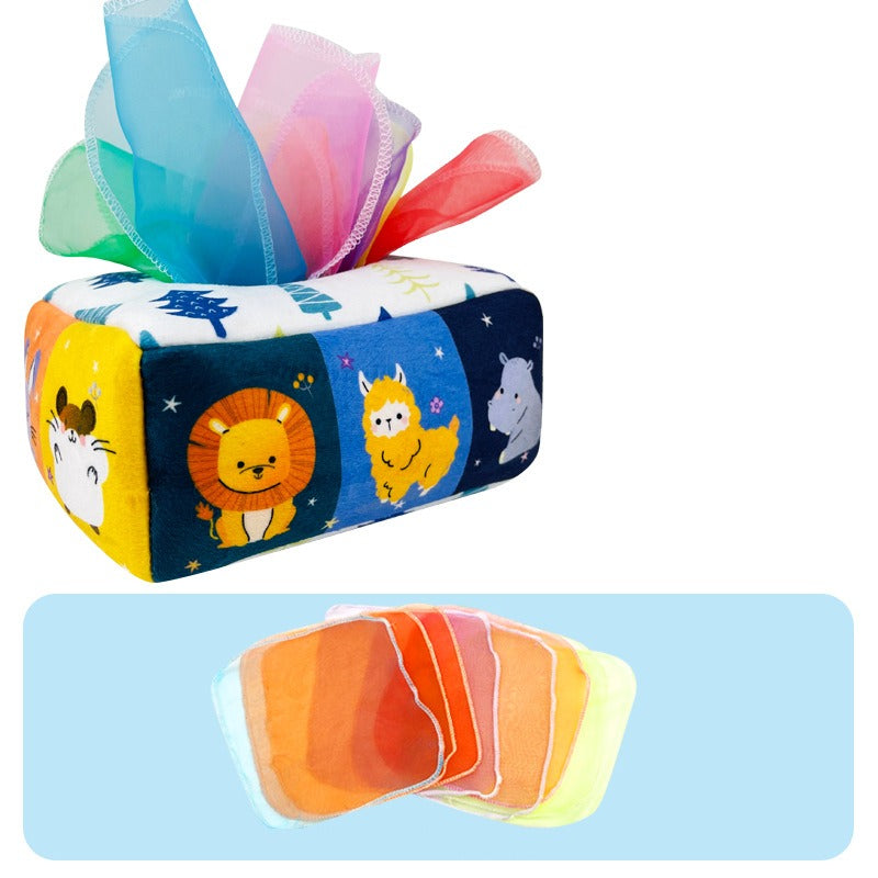 Animal-print fabric tissue box with colorful tissues and a row of fabric squares below