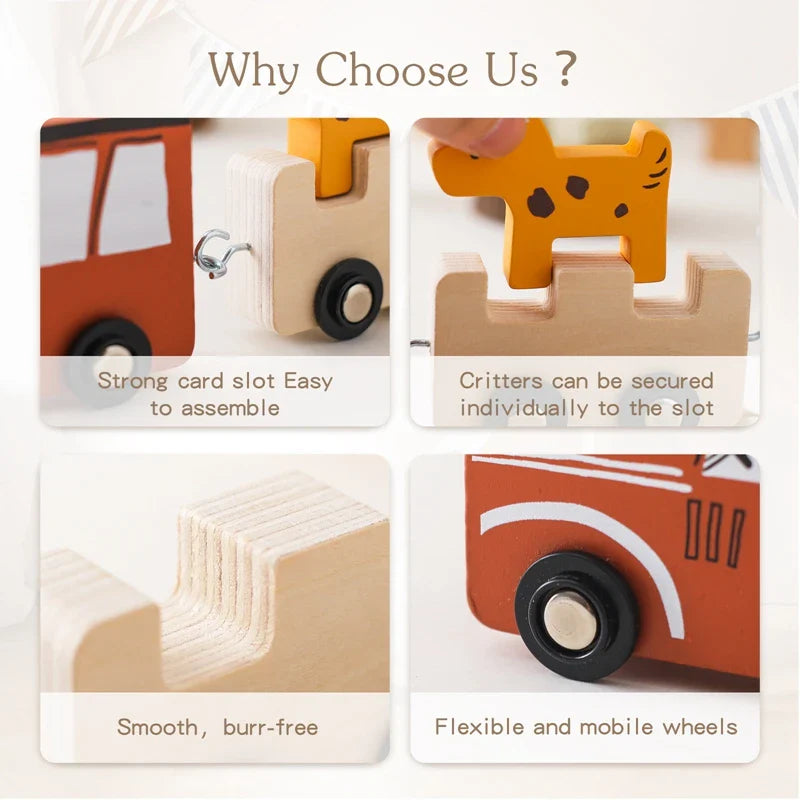 Close-ups of train connectors, an animal fitting into a car, wooden edges, and wheels.