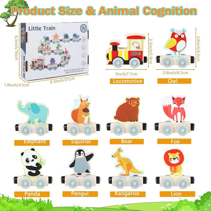 Size guide for the wooden animal train showing the box, engine, and animal cars