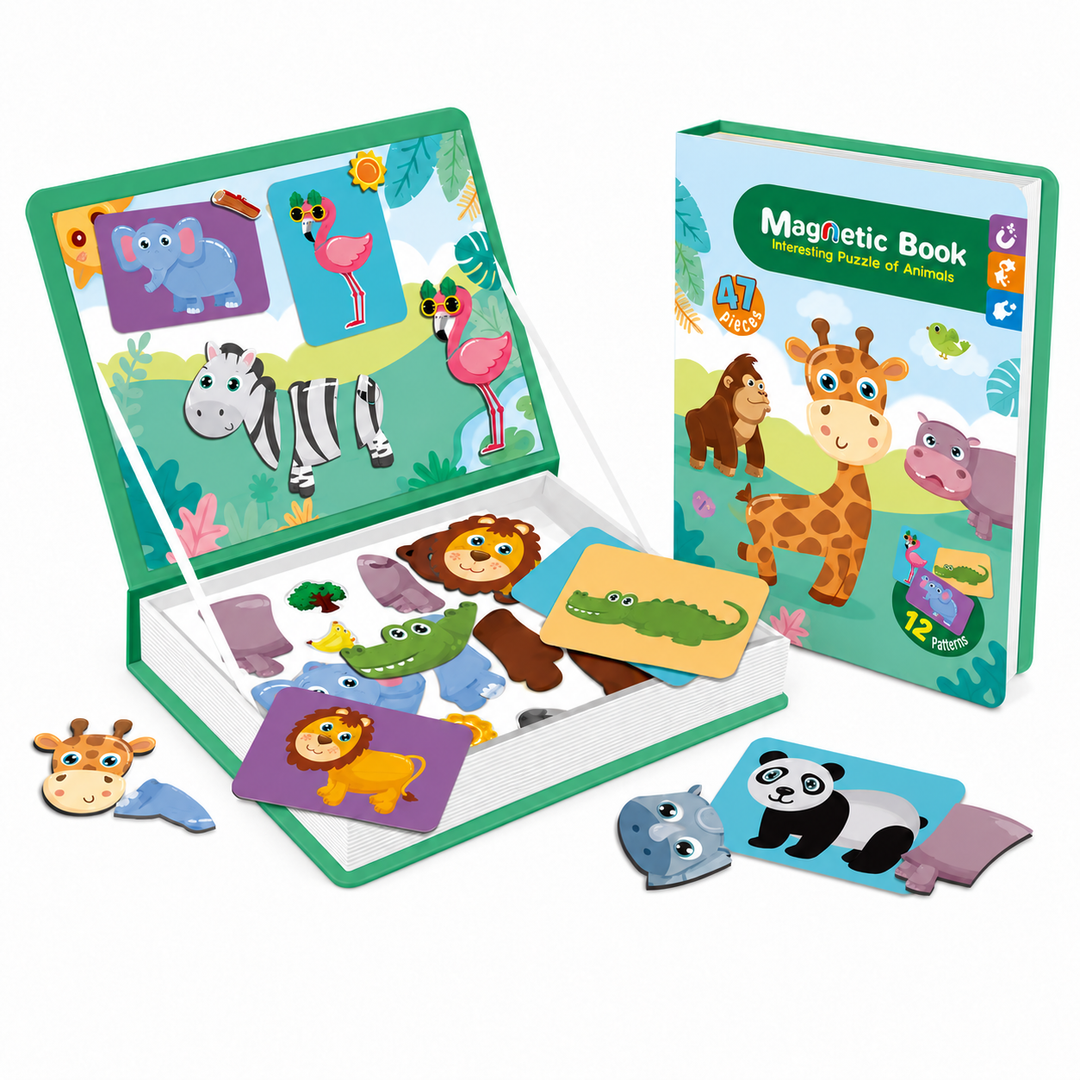 Animal World magnetic puzzle book with animal pieces, example cards, and an open play page