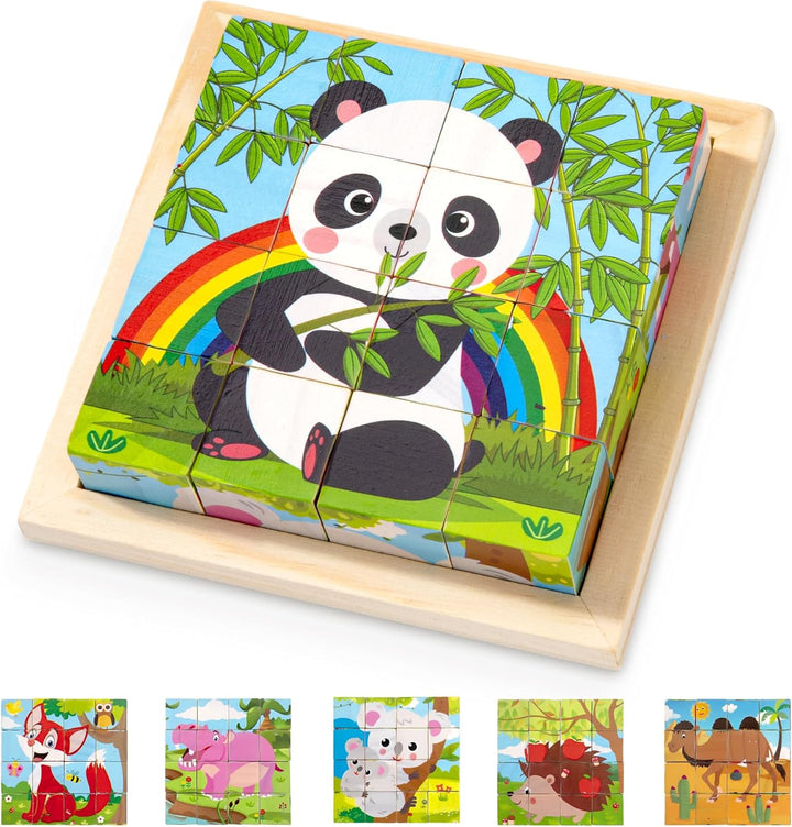 Animal wooden block puzzle showing a panda and rainbow, with additional animal pictures below.