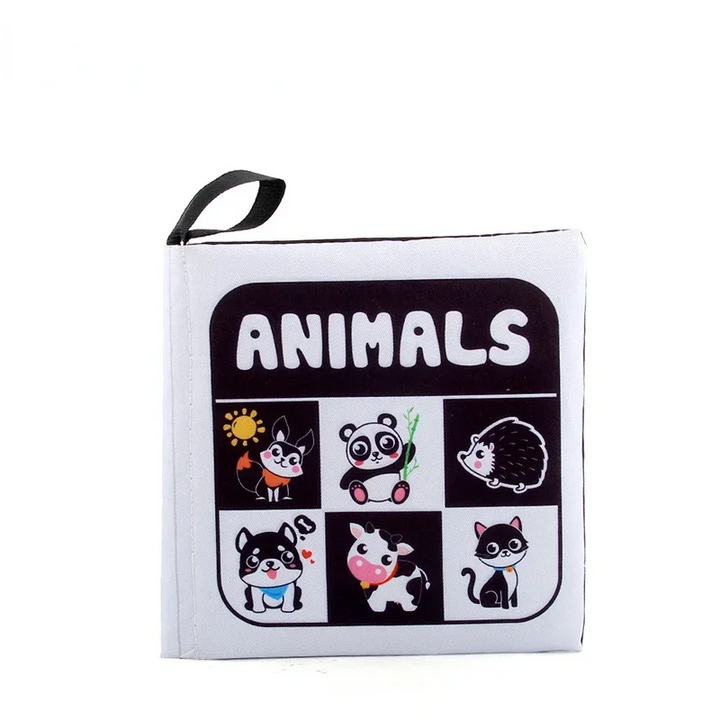 Animal fabric book cover with fox, panda, hedgehog, dog, cow and cat illustrations