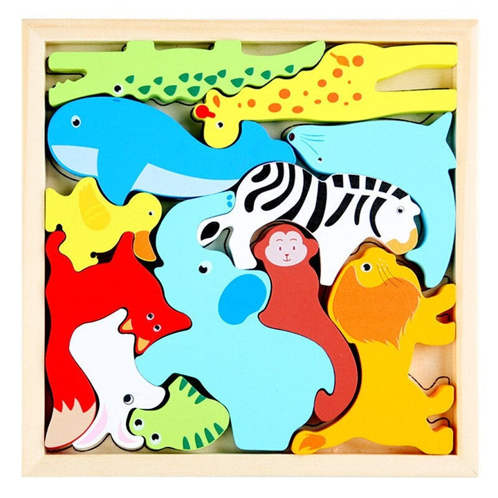 Wooden animal puzzle with giraffe, zebra, lion, and other colorful animal pieces