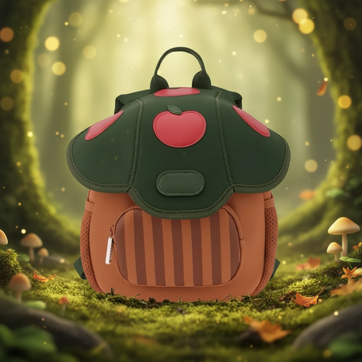 Apple Tree backpack with a green apple-decorated top and brown striped front pocket in a woodland setting.