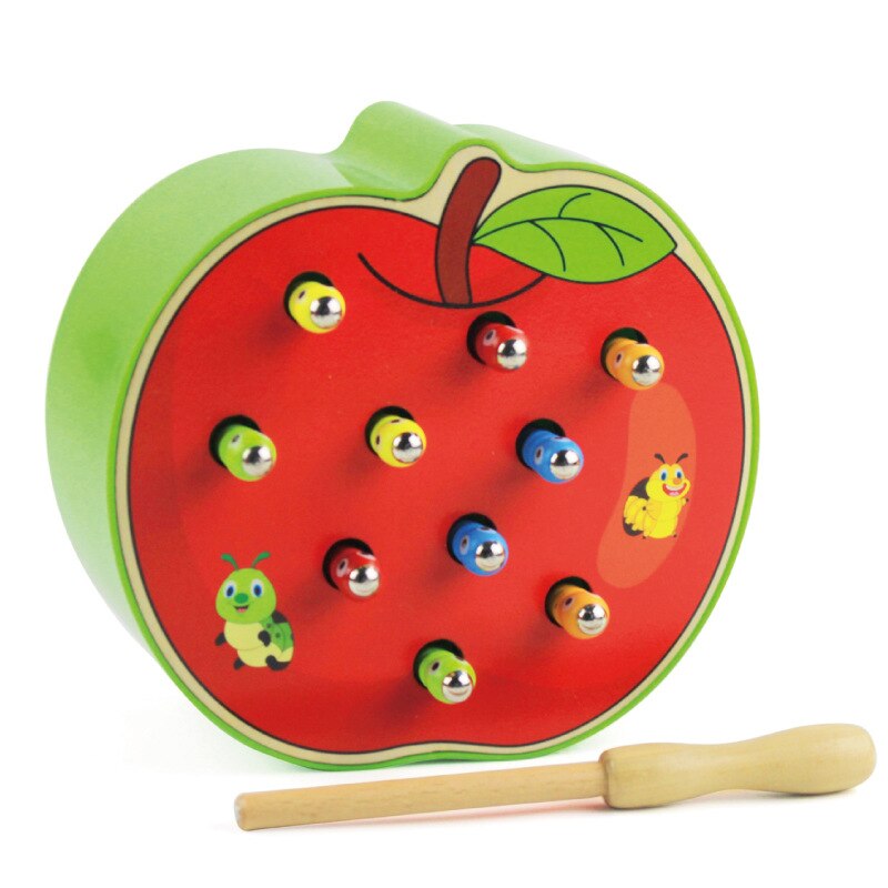 Apple-shaped wooden worm game with a magnetic fishing rod