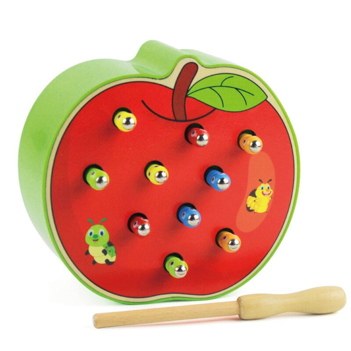 Apple-shaped wooden worm game with a magnetic fishing rod