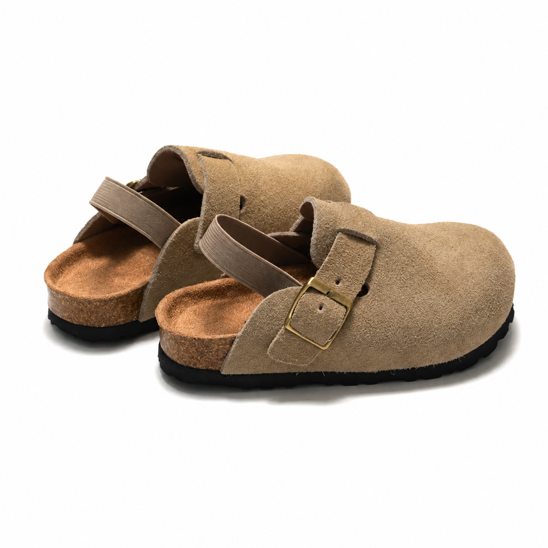 Apricot clog sandals shown from the back and side with heel straps and buckle details