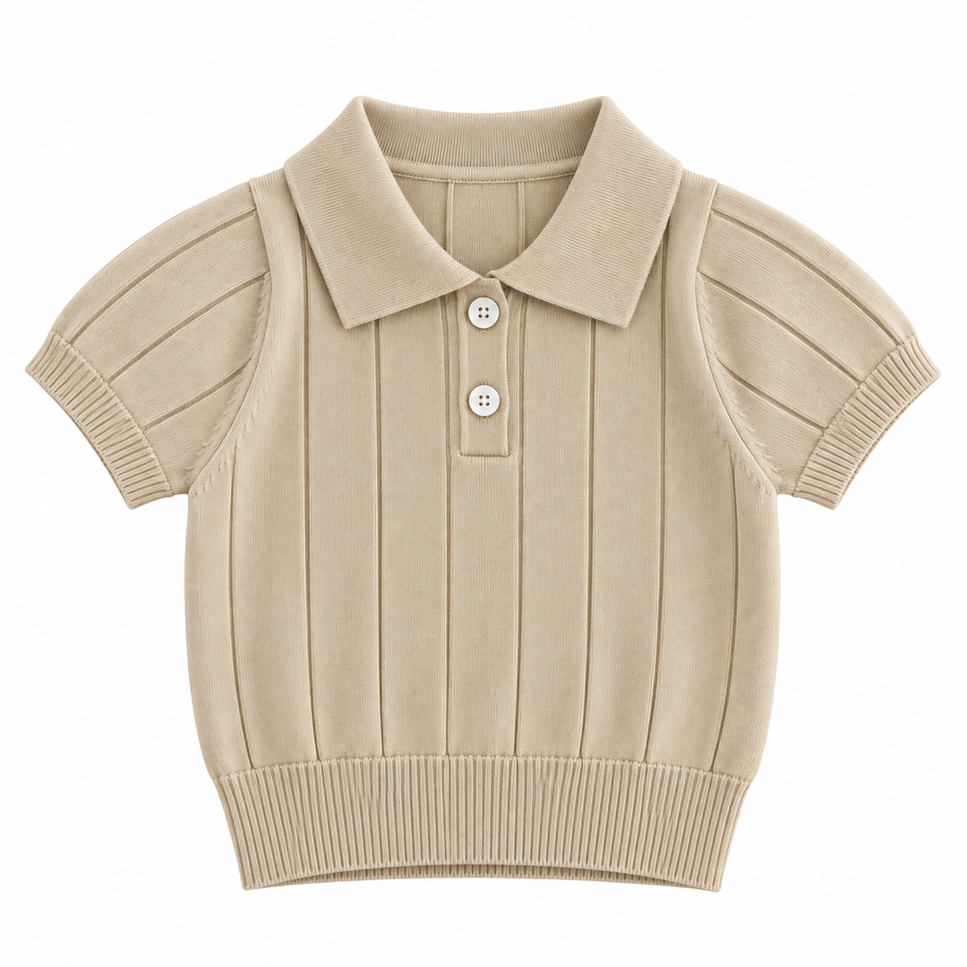 Apricot knit polo shirt with short sleeves, two buttons, and ribbed cuffs and hem
