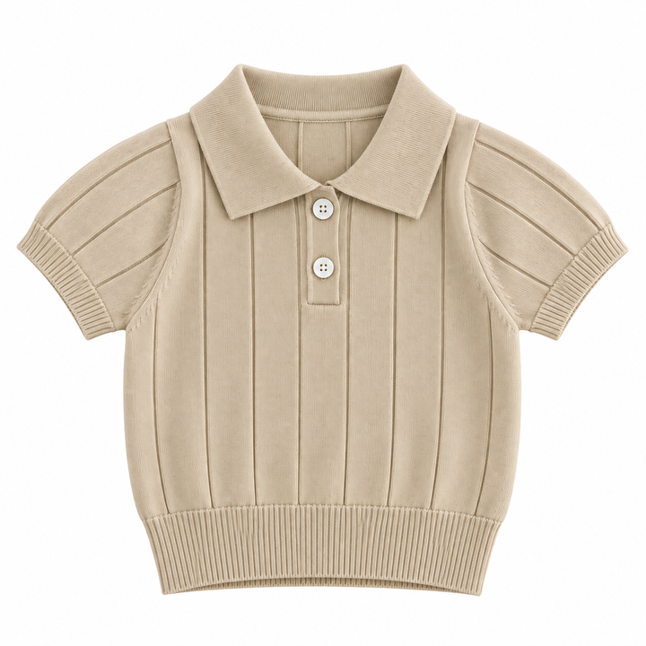 Apricot knit polo shirt with short sleeves, two buttons, and ribbed cuffs and hem
