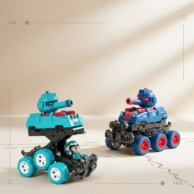 Aquamarine toy tank in raised form beside a blue tank in compact form