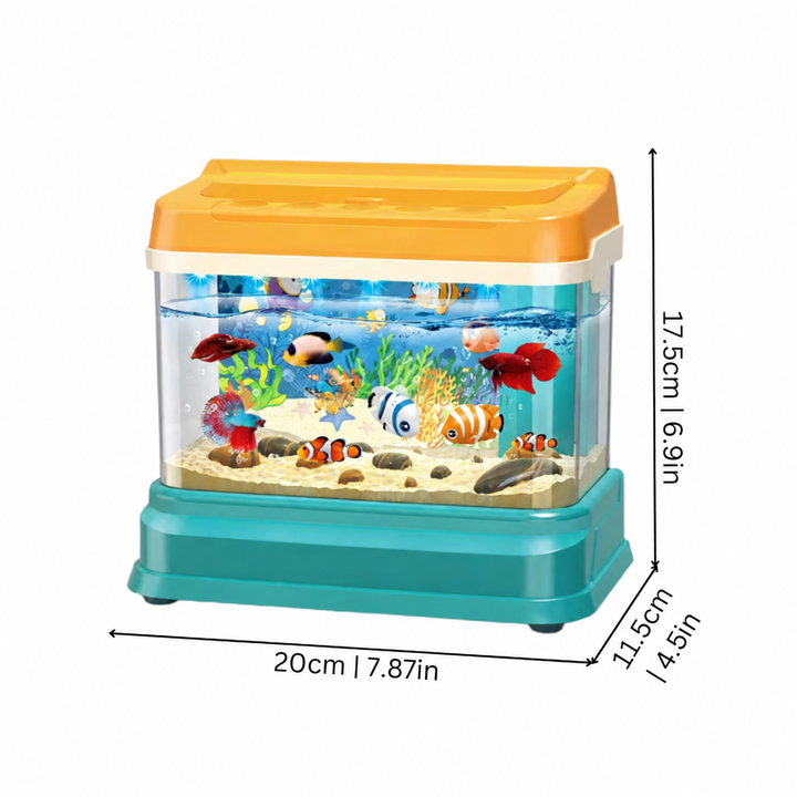 Aquarium fishing game measuring 20 cm long, 11.5 cm wide, and 17.5 cm high
