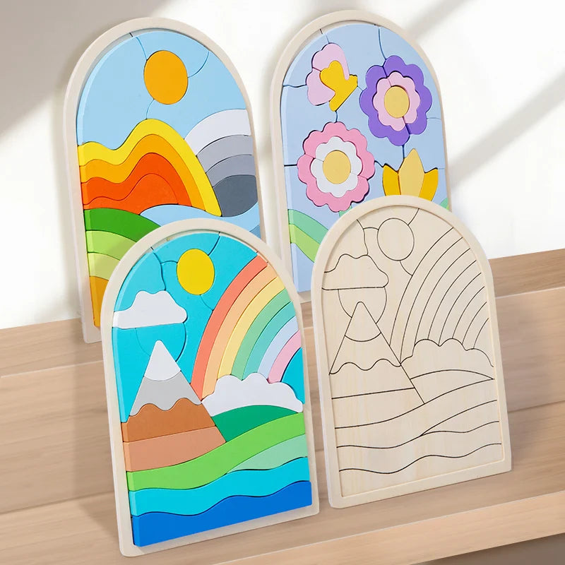 Flower and landscape wooden puzzles with a rainbow puzzle and an empty outlined tray in front