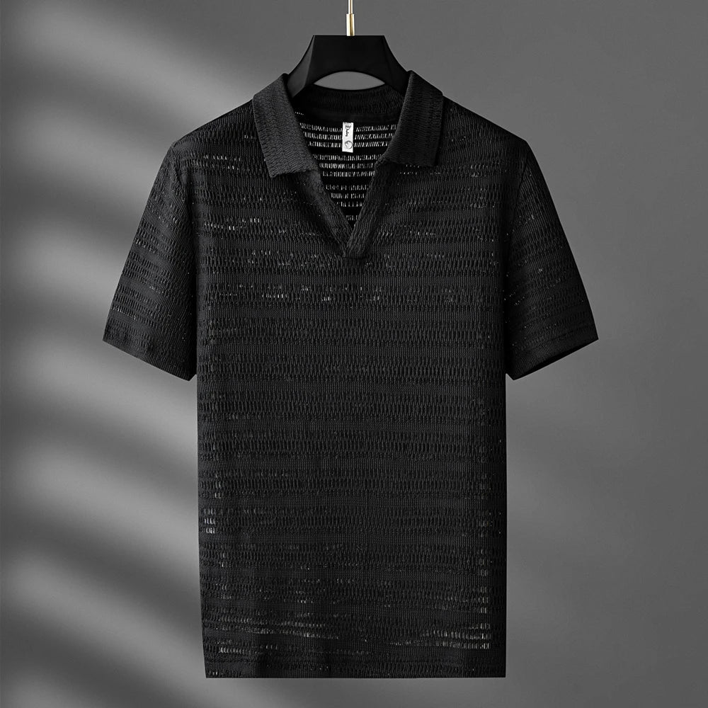 Arlen — Men's Spandex Polo Shirt with Textured Design and Breathable Collar (Sharp Black S) - | Zavonix