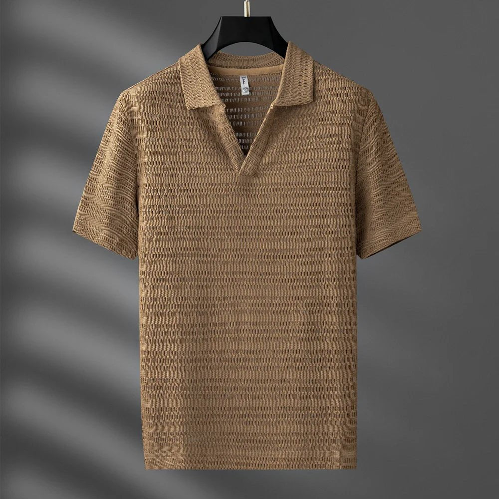 Arlen — Men's Spandex Polo Shirt with Textured Design and Breathable Collar (Rich Brown S) - | Zavonix