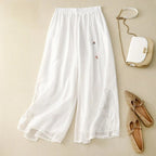 Arlenna — Women's Linen Wide - Leg Pants with Embroidered Accents (White XS) - | Zavonix