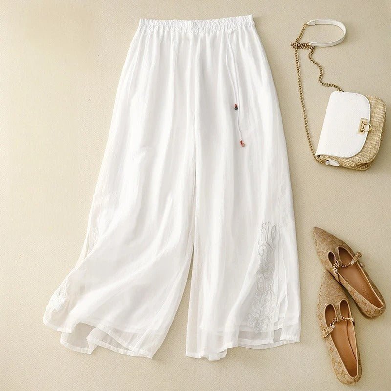 Arlenna — Women's Linen Wide - Leg Pants with Embroidered Accents (White XS) - | Zavonix