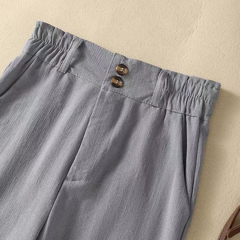 Arlenna Linen Trousers — High - Waist Wide - Leg Linen Pants with Ruffled Waistband (Blue XS) - | Zavonix