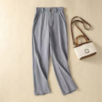 Arlenna Linen Trousers — High - Waist Wide - Leg Linen Pants with Ruffled Waistband (Blue XS) - | Zavonix