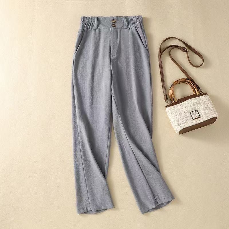 Arlenna Linen Trousers — High - Waist Wide - Leg Linen Pants with Ruffled Waistband (Blue XS) - | Zavonix