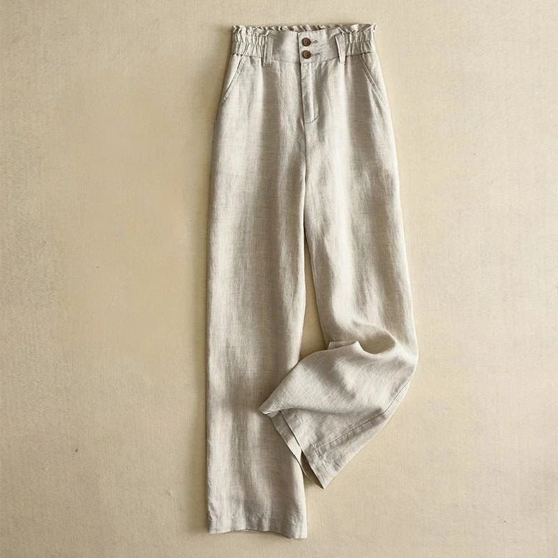 Arlenna Linen Trousers — High - Waist Wide - Leg Linen Pants with Ruffled Waistband (Blue XS) - | Zavonix