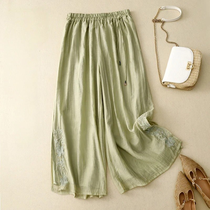 Arlenna — Women's Linen Wide - Leg Pants with Embroidered Accents (Green XS) - | Zavonix