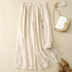 Arlenna — Women's Linen Wide - Leg Pants with Embroidered Accents (Cream XS) - | Zavonix