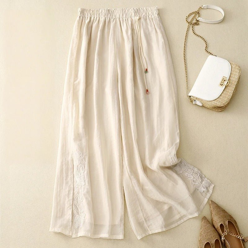 Arlenna — Women's Linen Wide - Leg Pants with Embroidered Accents (Cream XS) - | Zavonix