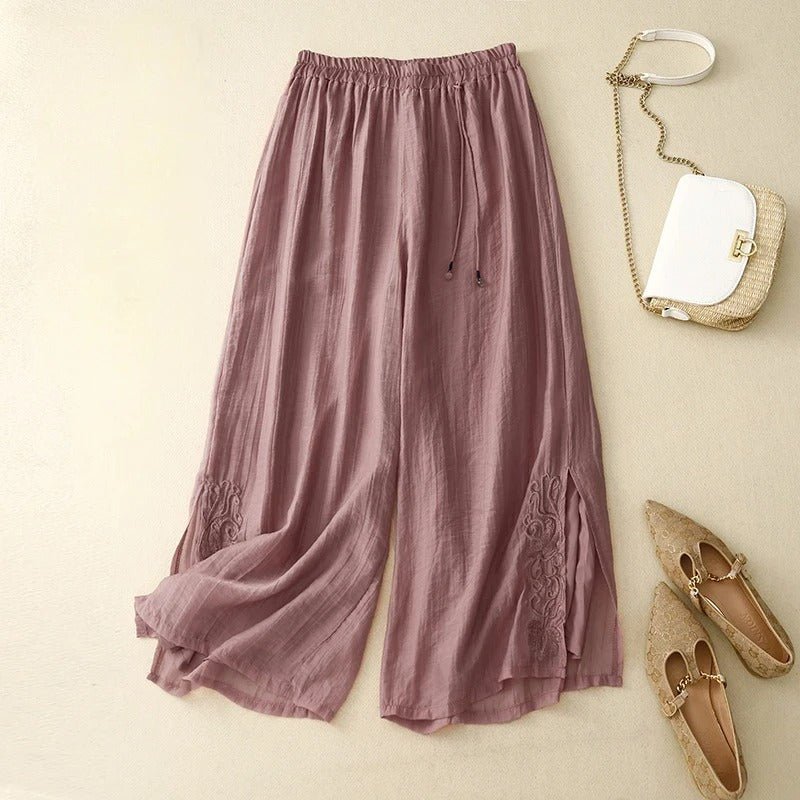 Arlenna — Women's Linen Wide - Leg Pants with Embroidered Accents (Purple XS) - | Zavonix