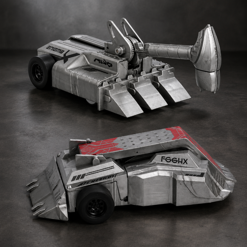 Two gray armored RC cars, one with a raised hammer and front forks and one with red body accents