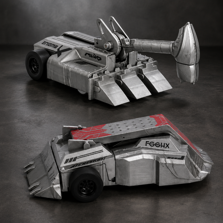 Two gray armored RC cars, one with a raised hammer and front forks and one with red body accents