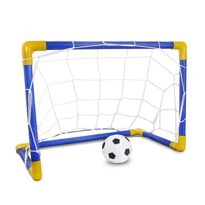 Assembled blue and yellow soccer goal with a white net and black-and-white ball.