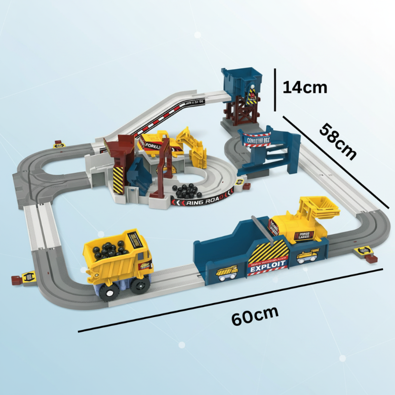 Assembled construction track measuring 60 cm long, 58 cm wide, and 14 cm high