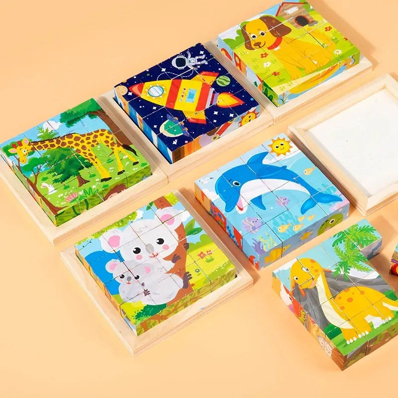 Wooden block puzzles showing giraffe, rocket, dog, koala, dolphin, and kangaroo pictures.