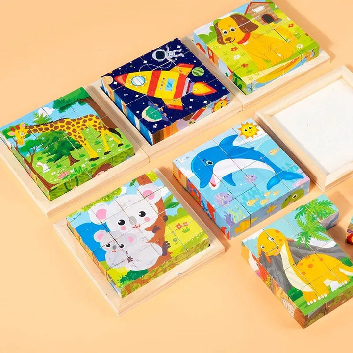 Wooden block puzzles showing giraffe, rocket, dog, koala, dolphin, and kangaroo pictures.