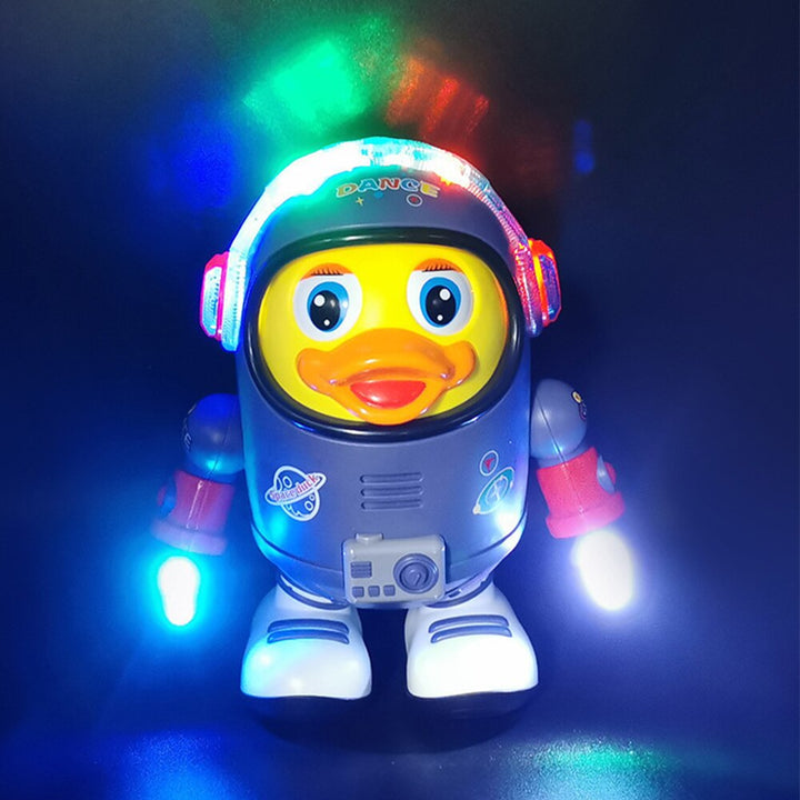 Astronaut duck toy glowing with multicolored helmet and hand lights
