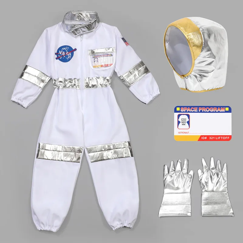 White astronaut jumpsuit with silver-colored hood, gloves, and a pretend ID card.