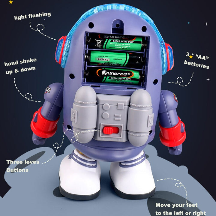 Rear view of the dancing duck toy with an open three-AA battery compartment and back switch