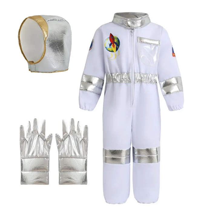 Astronaut Explorer outfit with a white jumpsuit, silver-colored hood, gloves, and colorful chest patch.
