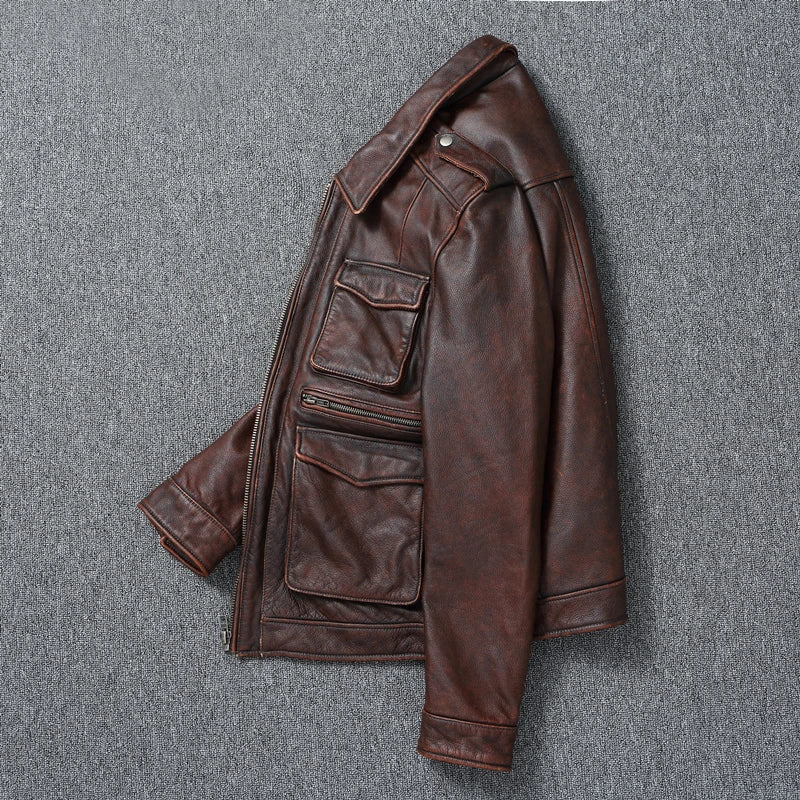 Authentic Bovine Leather Coat - Genuine Durable Leather Jacket (Brown XS) - Jacket | Zavonix