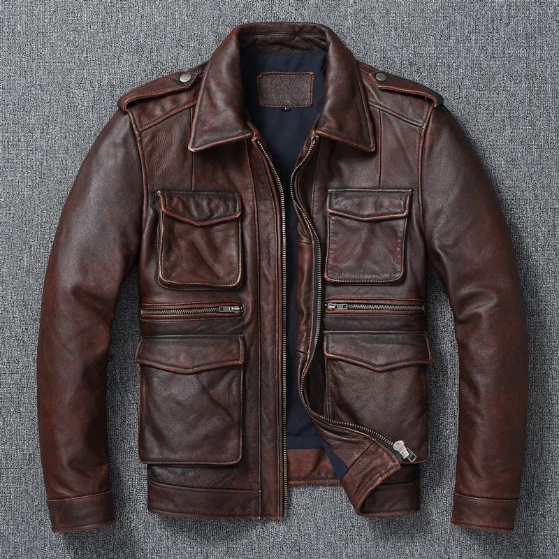 Authentic Bovine Leather Coat - Genuine Durable Leather Jacket (Brown XS) - Jacket | Zavonix
